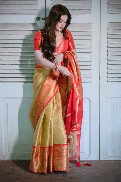 Gold Pure Banarasi Silk Saree with Orange Zari Border and Contrast Orange Blouse