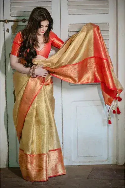 Gold Pure Banarasi Silk Saree with Orange Zari Border and Contrast Orange Blouse
