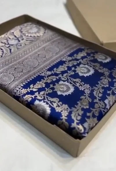 Royal Blue Pure Banarasi Silk Saree with Gold Weave and Zari Border Heavy Pallu