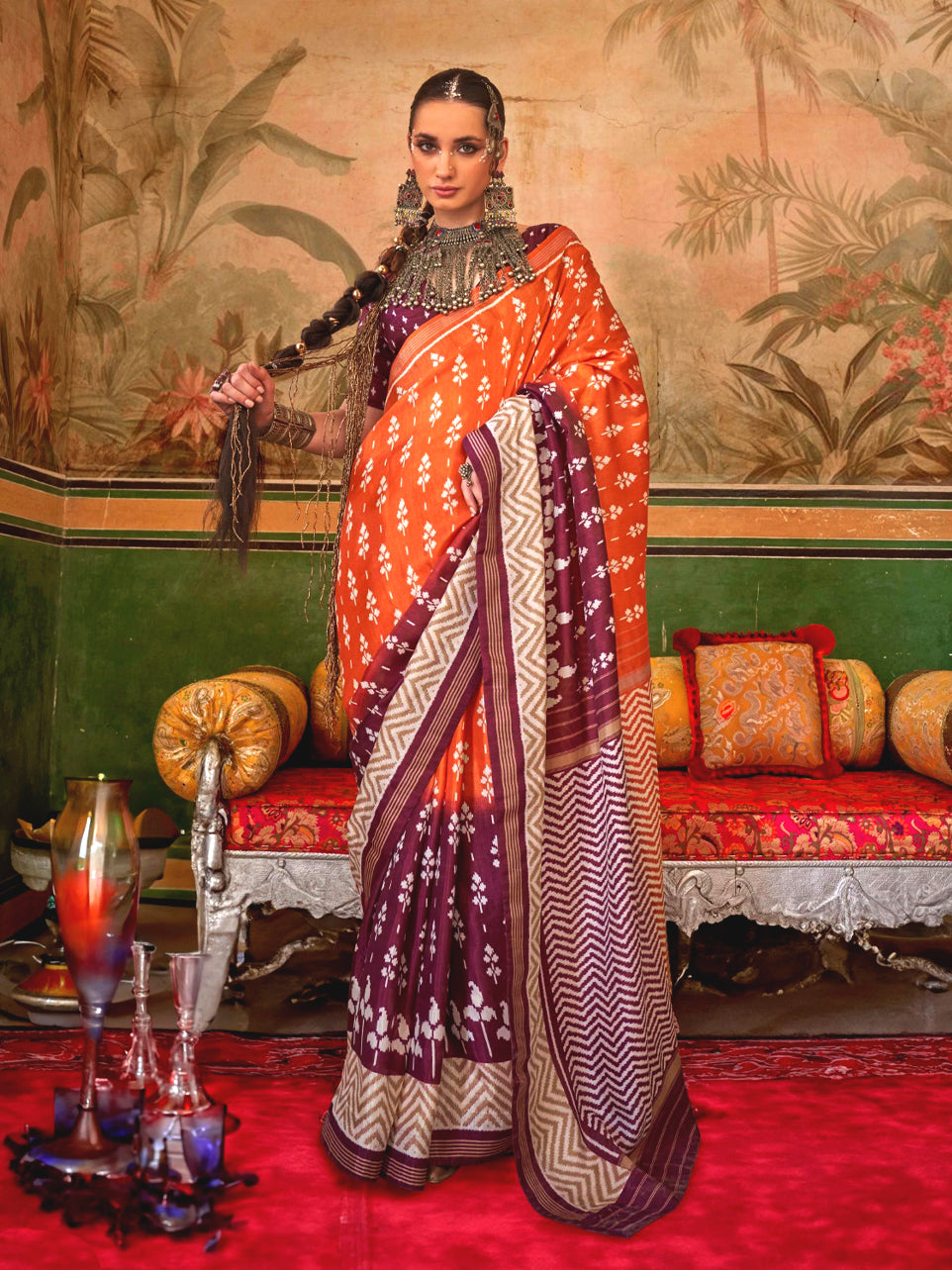 Kiara Tangerine and Chestnut Saree - Nonita Fashion