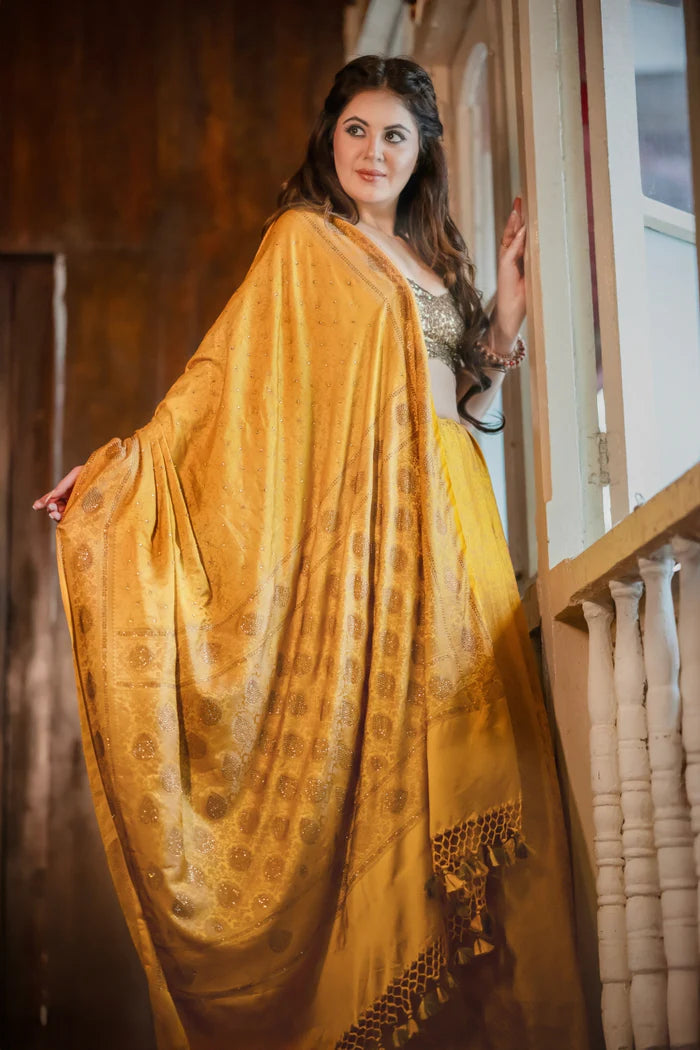 Mustard Yellow Banarasi Saree with Swarovski Stonework and Copper Blouse