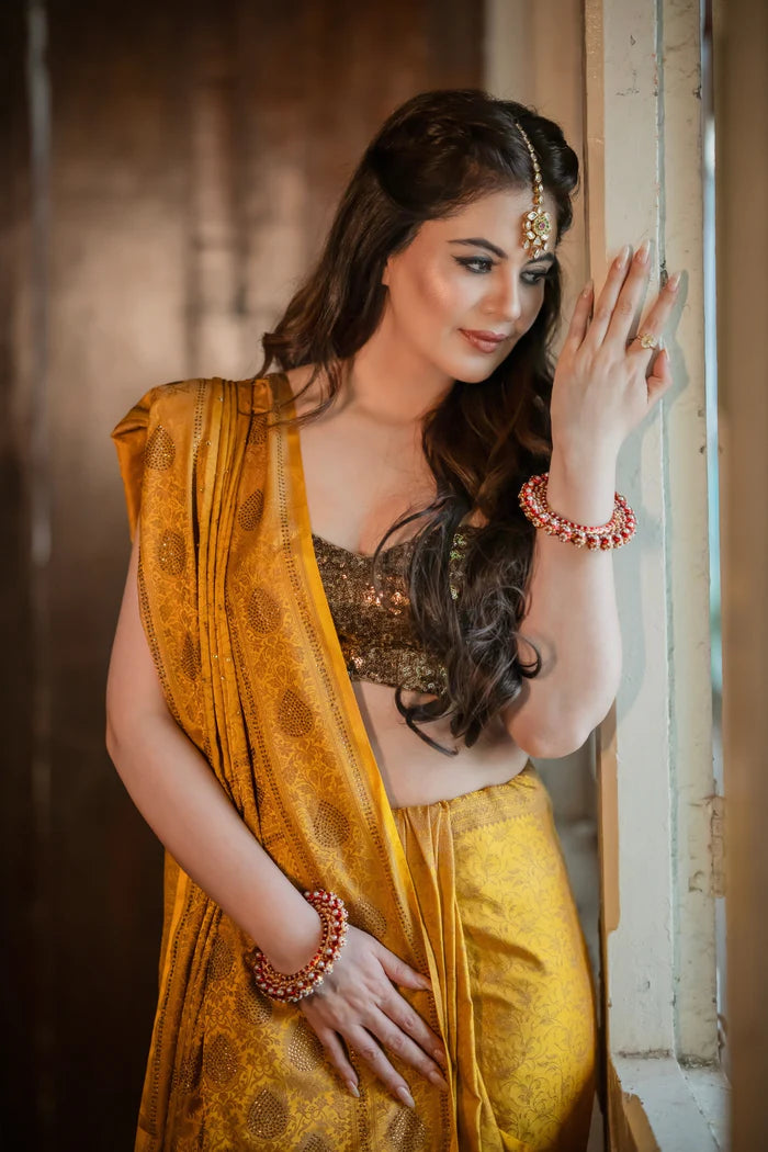 Mustard Yellow Banarasi Saree with Swarovski Stonework and Copper Blouse