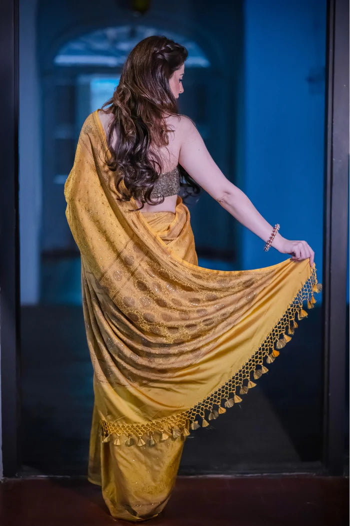 Mustard Yellow Banarasi Saree with Swarovski Stonework and Copper Blouse