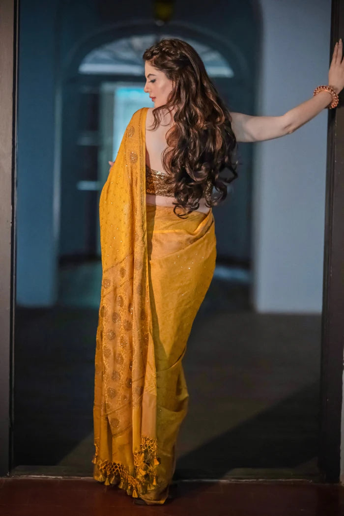 Mustard Yellow Banarasi Saree with Swarovski Stonework and Copper Blouse