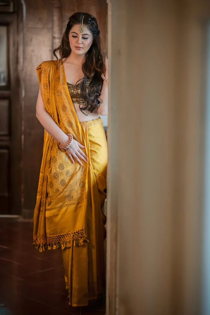 Mustard Yellow Banarasi Saree with Swarovski Stonework and Copper Blouse