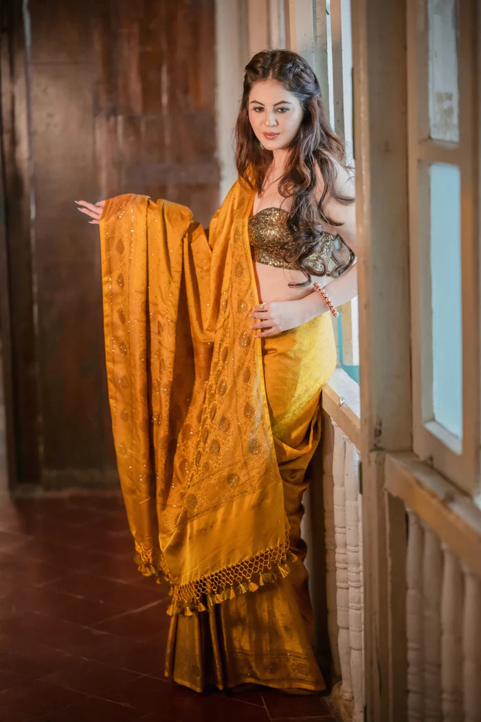 Mustard Yellow Banarasi Saree with Swarovski Stonework and Copper Blouse