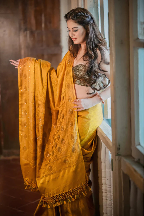Mustard Yellow Banarasi Saree with Swarovski Stonework and Copper Blouse