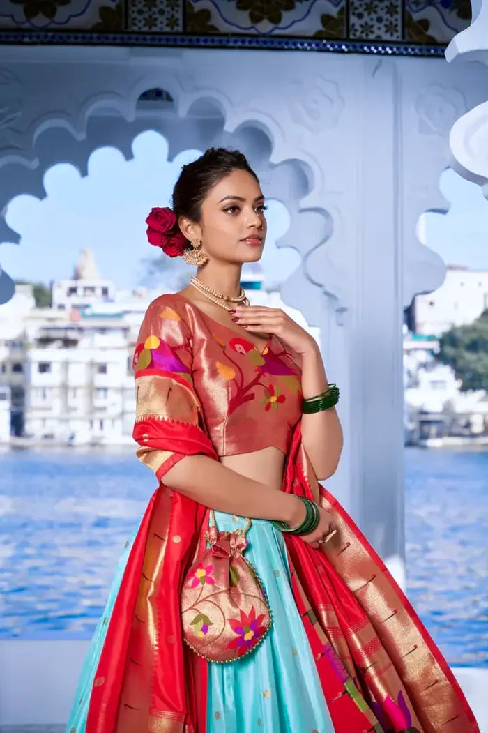 Blue Paithani Silk Lehenga with Red Lotus Design Dupatta