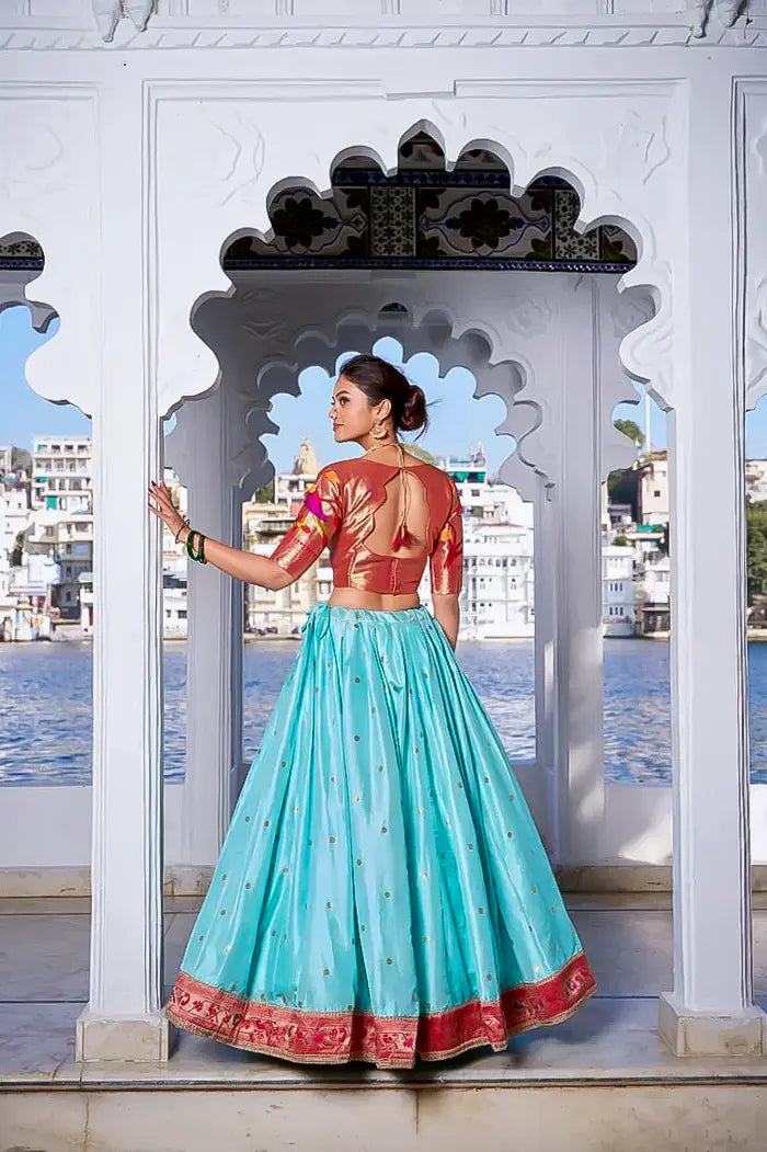 Blue Paithani Silk Lehenga with Red Lotus Design Dupatta