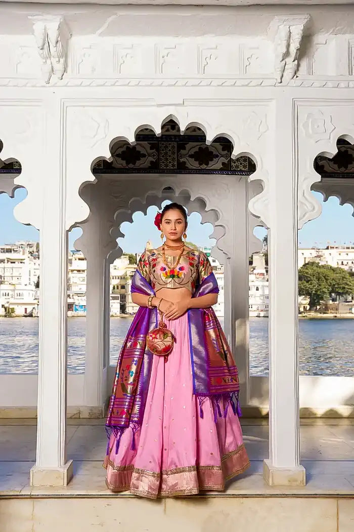Pink Paithani Silk Lehenga with Purple Lotus Design Dupatta