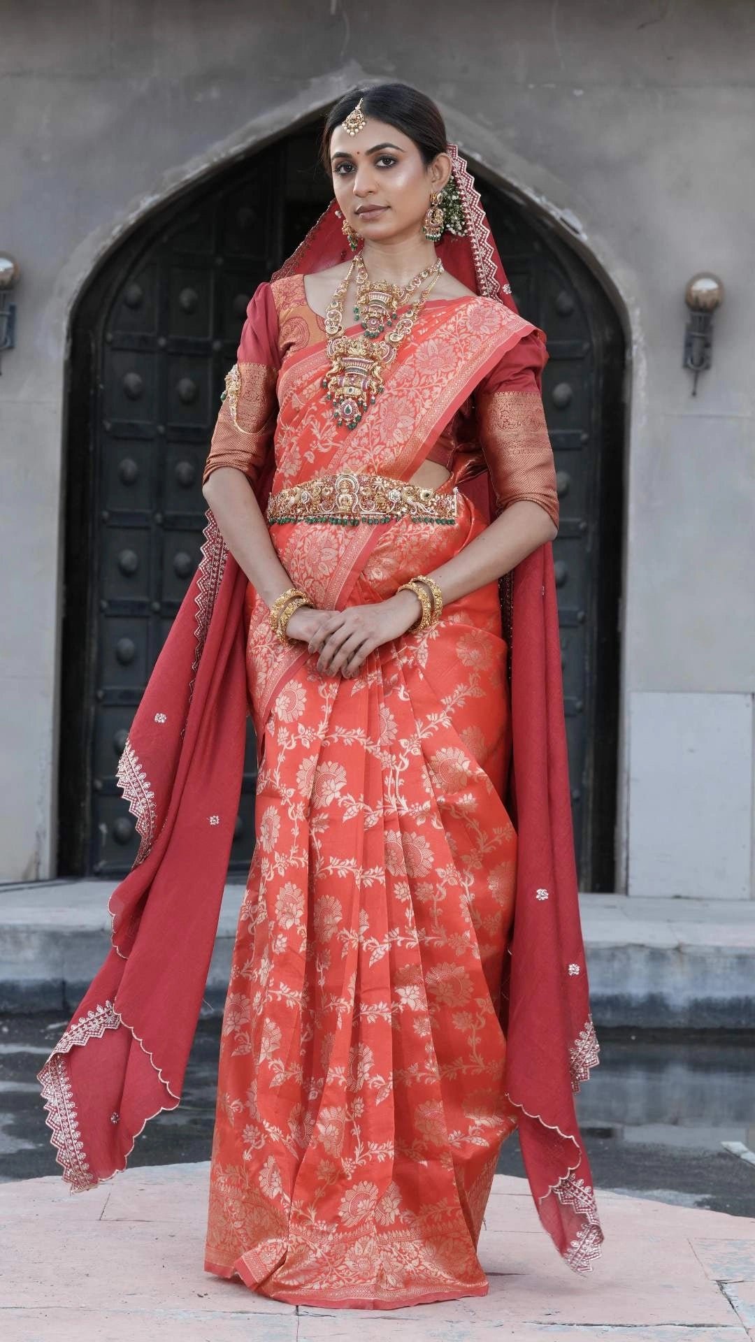 Orange Silk Saree with All-over Golden Zari Floral Weaving with Matching Blouse
