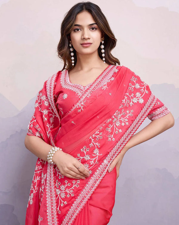 Blushing Blossom Elegance Organza Saree - Nonita Fashion