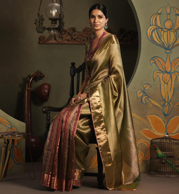 Olive Green Handloom Tissue Saree with All-Over Gold Zari Checks work and Gold Border
