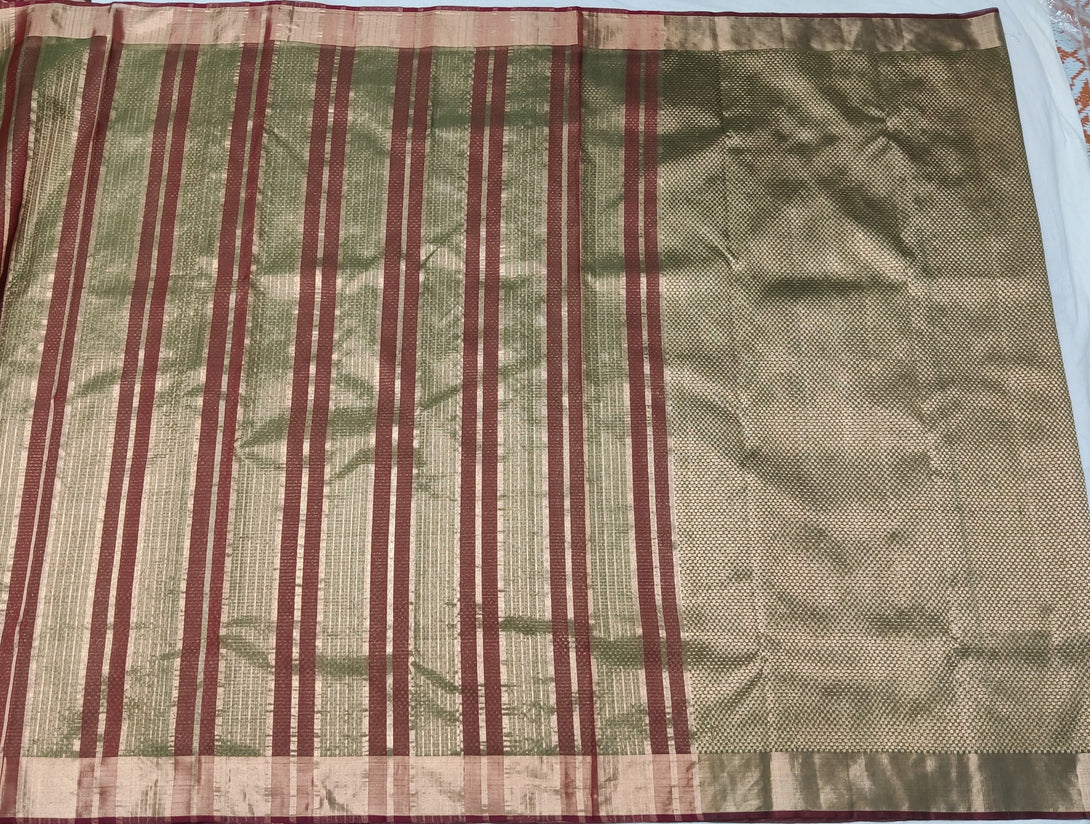 Olive Green Handloom Tissue Saree with All-Over Gold Zari Checks work and Gold Border
