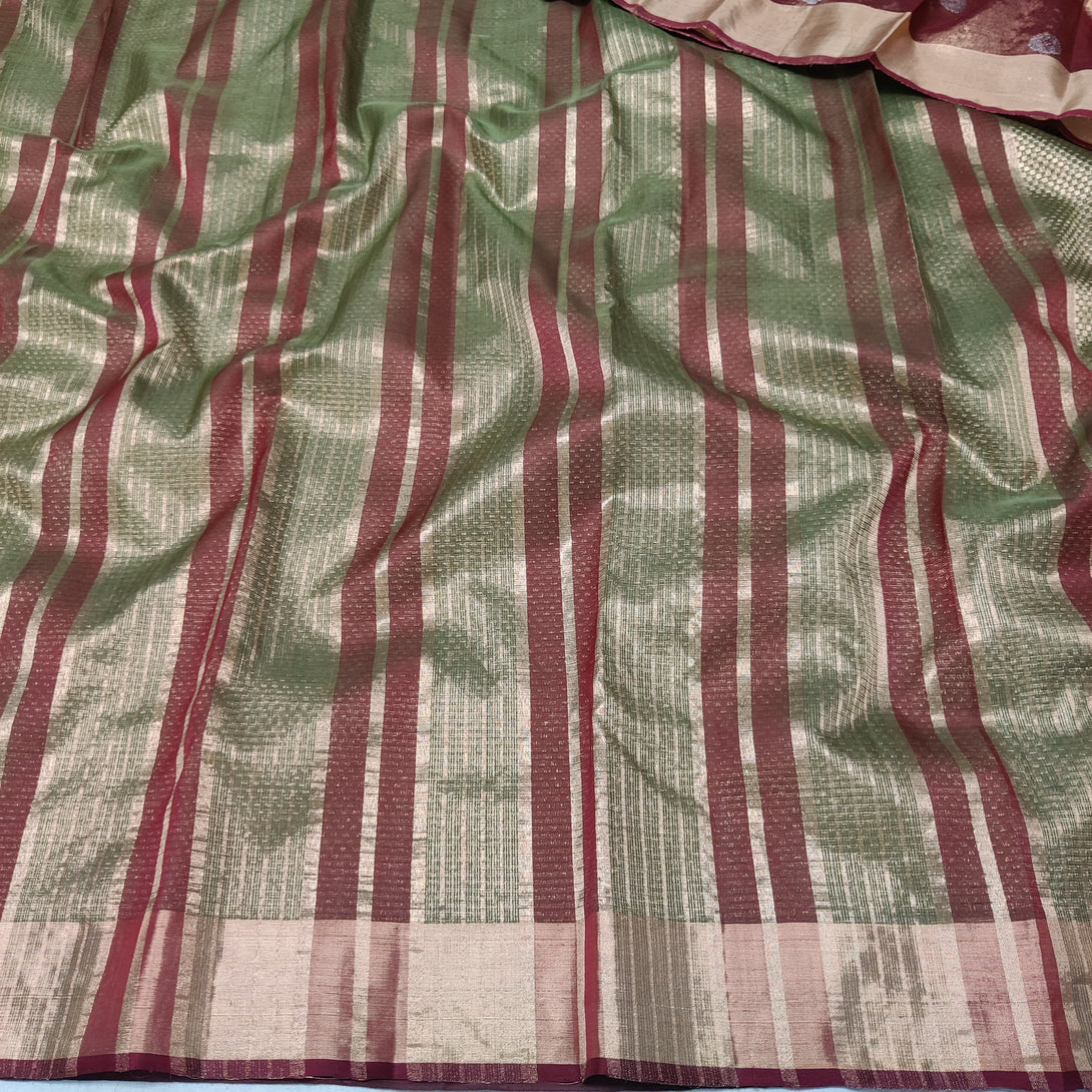 Olive Green Handloom Tissue Saree with All-Over Gold Zari Checks work and Gold Border
