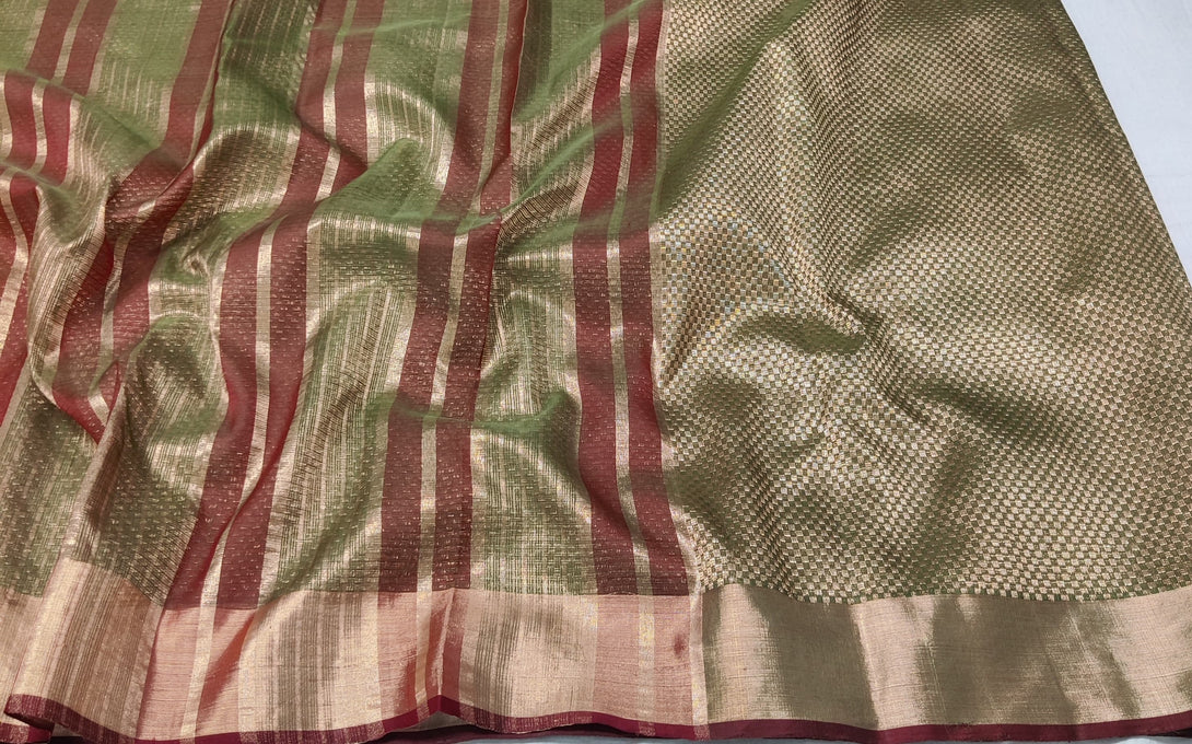 Olive Green Handloom Tissue Saree with All-Over Gold Zari Checks work and Gold Border
