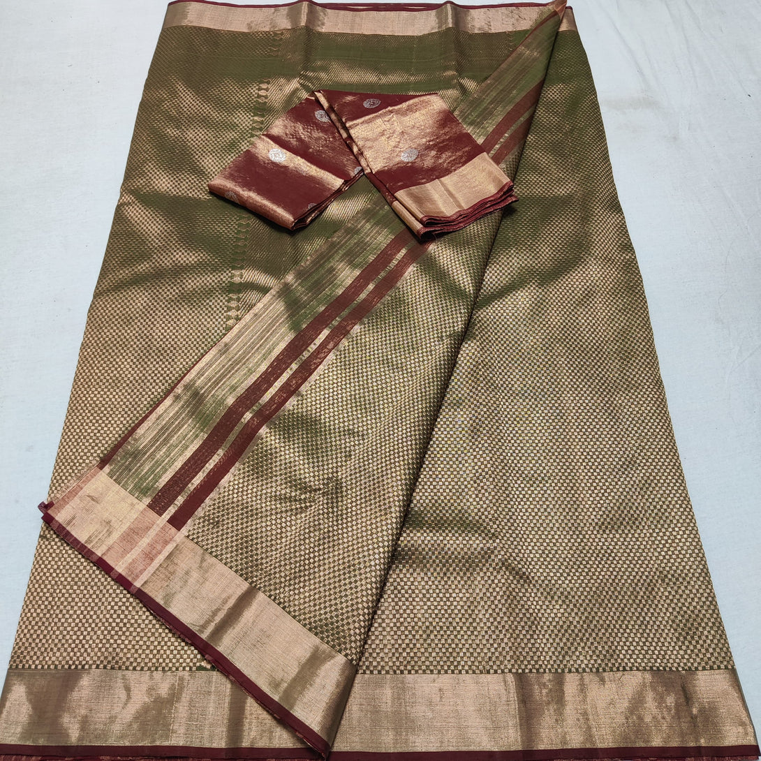 Olive Green Handloom Tissue Saree with All-Over Gold Zari Checks work and Gold Border
