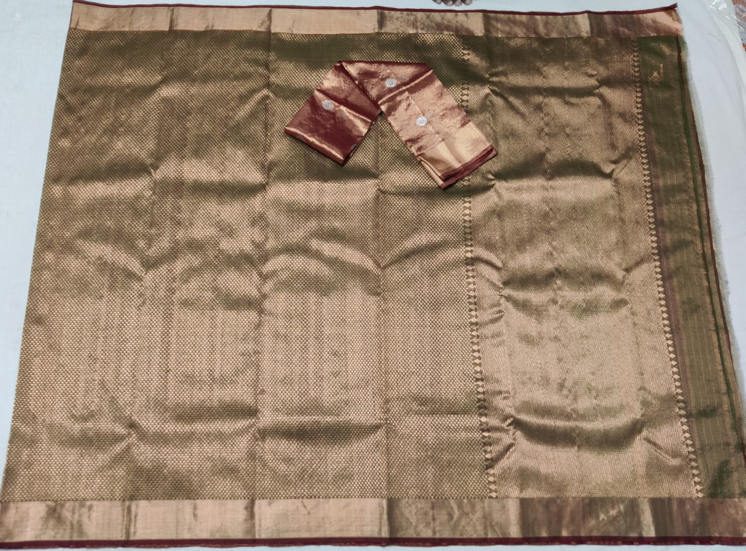 Olive Green Handloom Tissue Saree with All-Over Gold Zari Checks work and Gold Border
