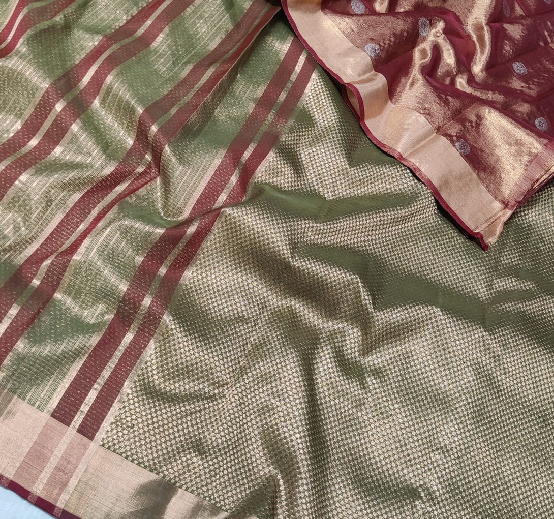 Olive Green Handloom Tissue Saree with All-Over Gold Zari Checks work and Gold Border

