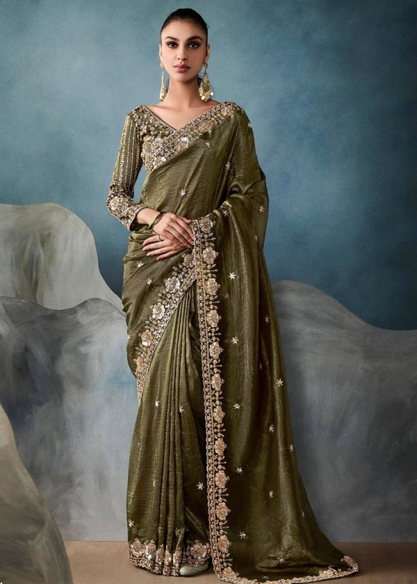 Olive Green Tissue Silk Saree with Border Design Embroidery work
