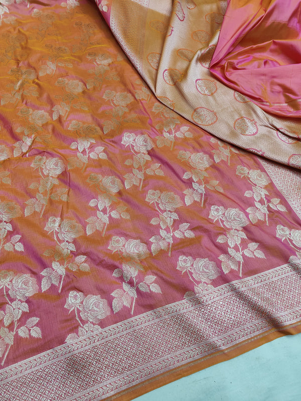 Orange Banarasi Silk Saree Golden Zari Work
