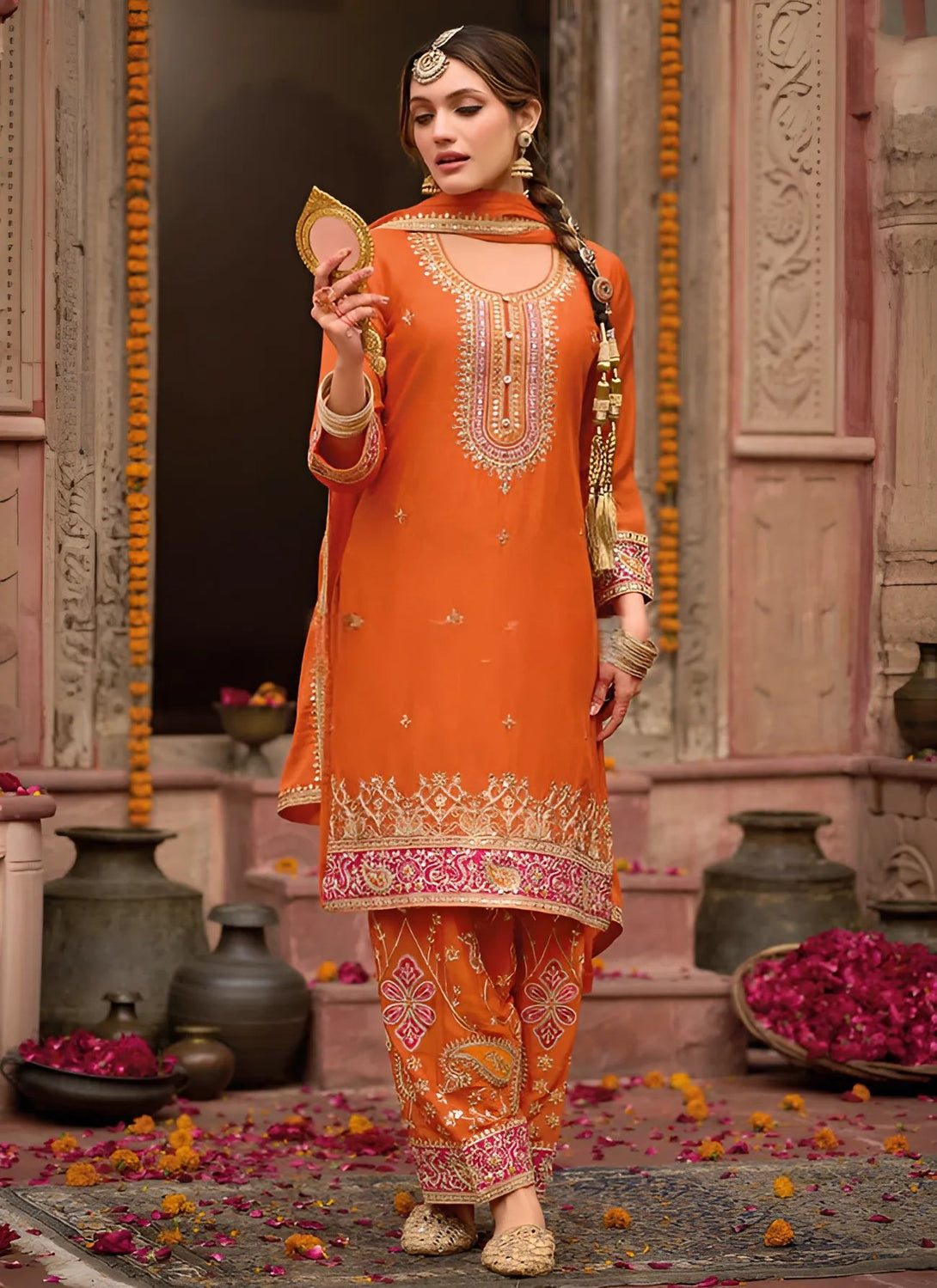 Orange Salwar Kameez Traditional Embroidered with Intricate Thread and Sequin Work
