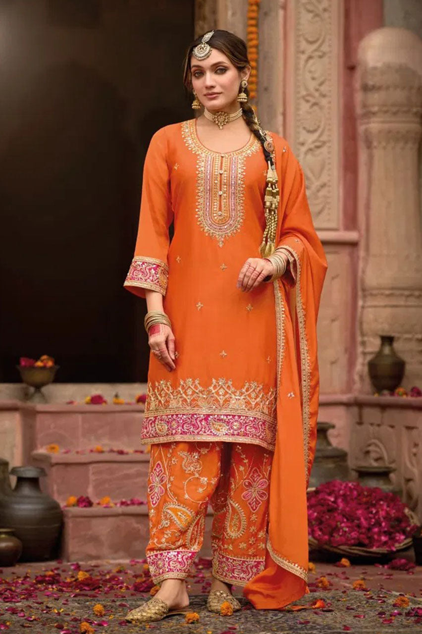 Orange Salwar Kameez Traditional Embroidered with Intricate Thread and Sequin Work
