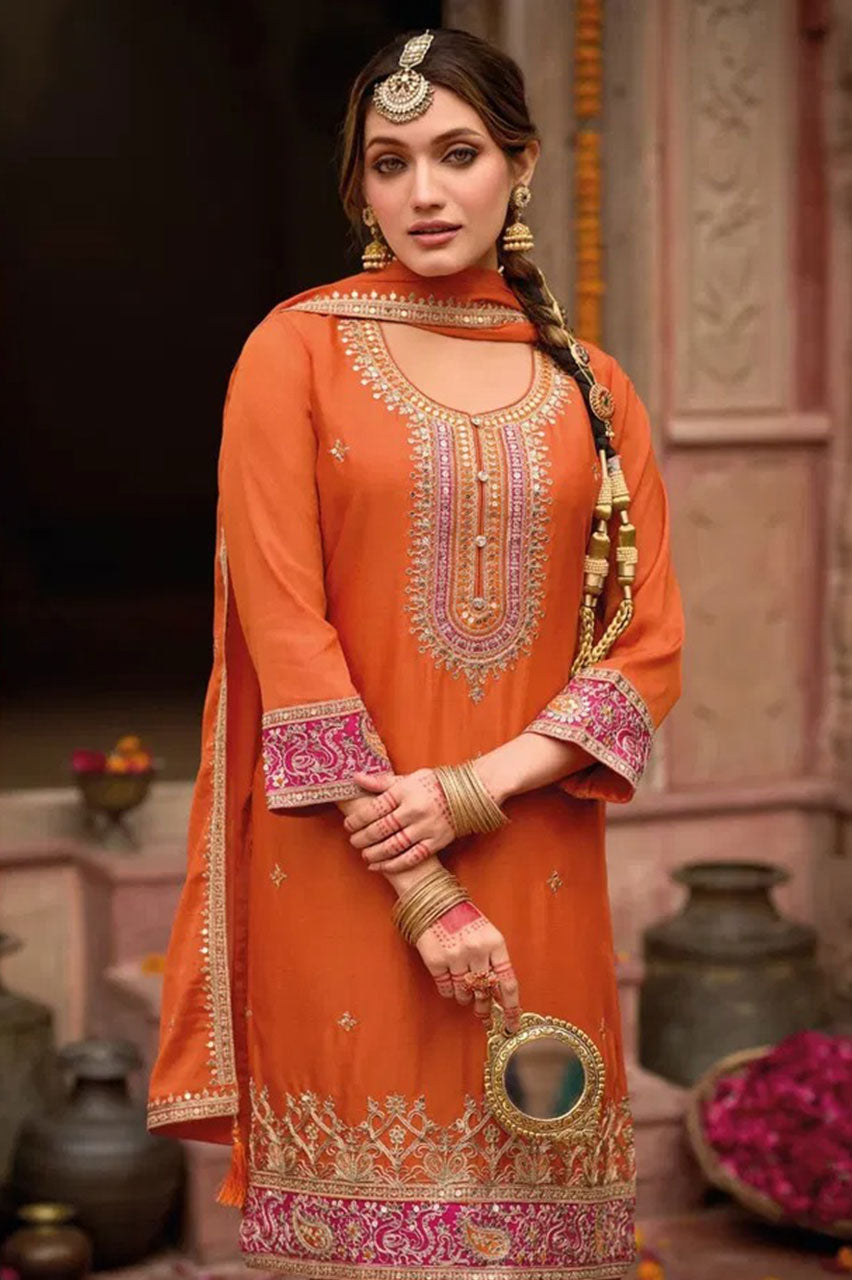 Orange Salwar Kameez Traditional Embroidered with Intricate Thread and Sequin Work
