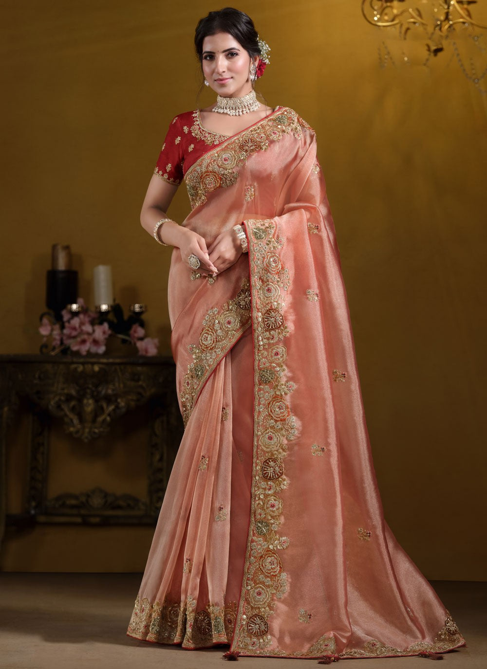 Orange Silk Saree with Embroidery Borders and Pallu Designs 
