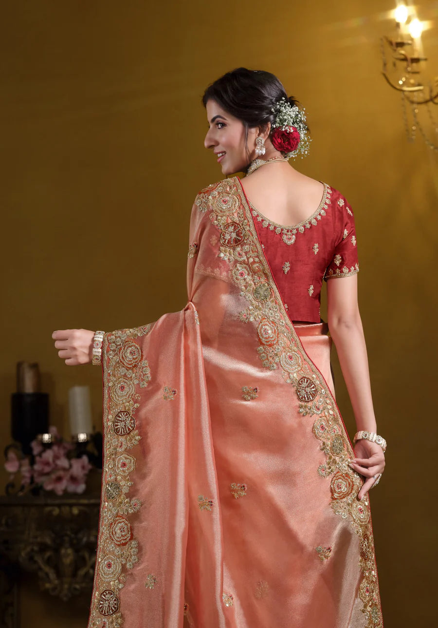 Orange Silk Saree with Embroidery Borders and Pallu Designs 