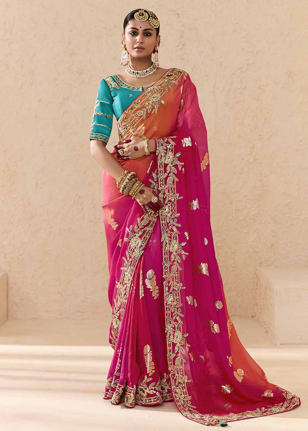 Orange Silk Saree with Sequins, Thread & Stone Embroidery
