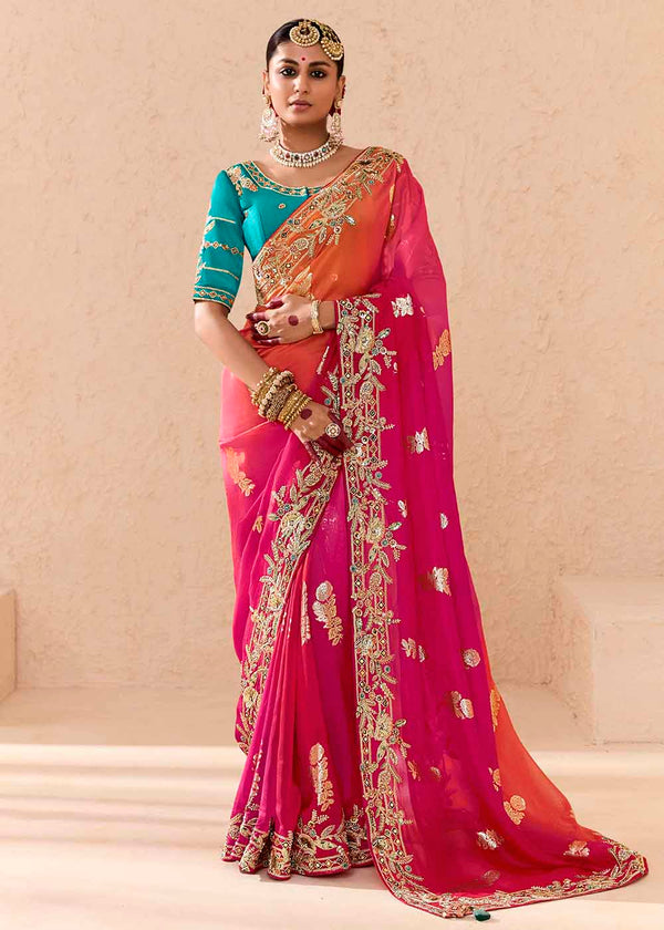 Orange Silk Saree with Sequins, Thread & Stone Embroidery
