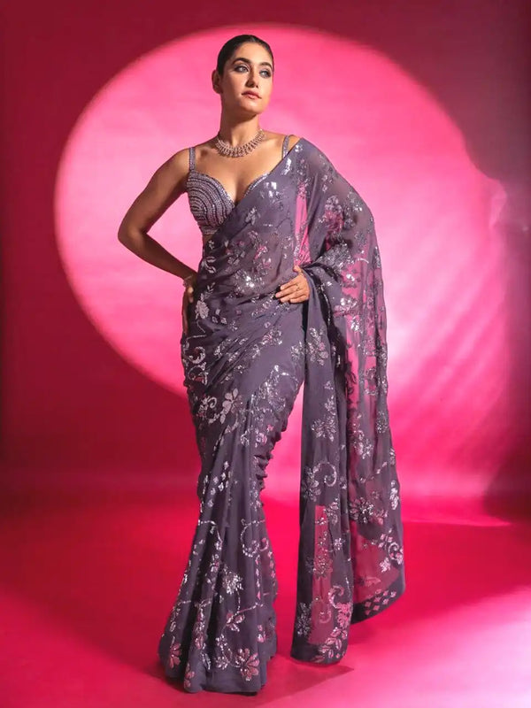 Party Wear Purple Georgette Saree with Sequin Embroidery Work
