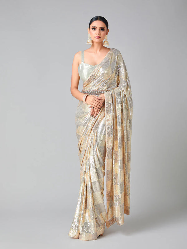Peach Georgette Saree with All Over Heavy Sequin Embroidery 