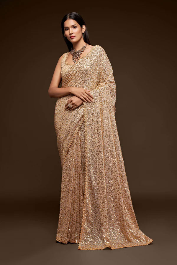 Peach Shimmer Georgette Saree with All Over Heavy Sequin Embroidery
