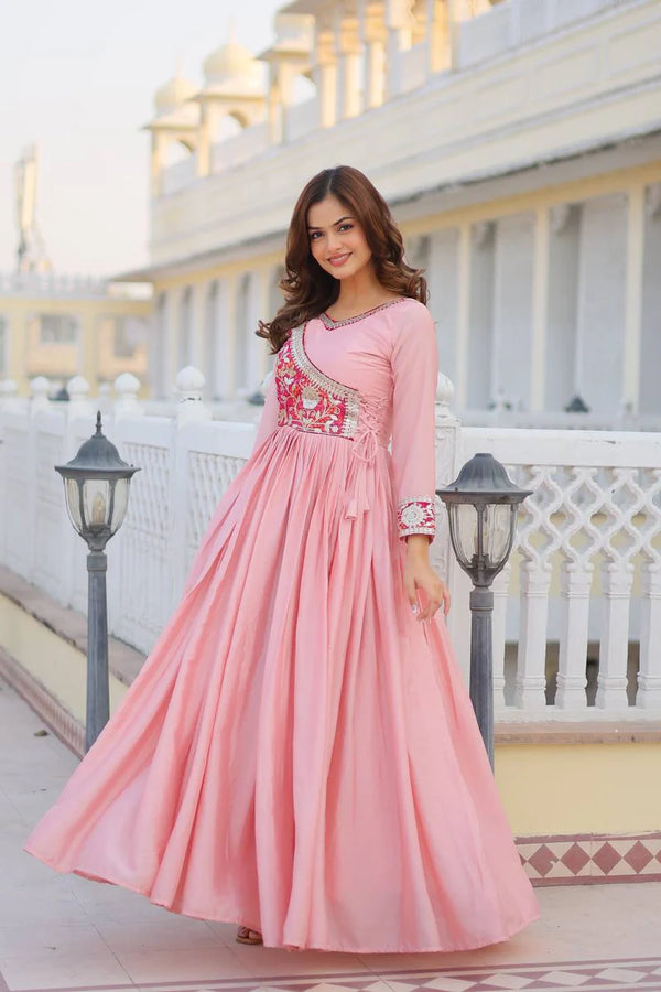 Pink Anarkali Salwar Kameez with Yoke Design and Mirror Embroidery
