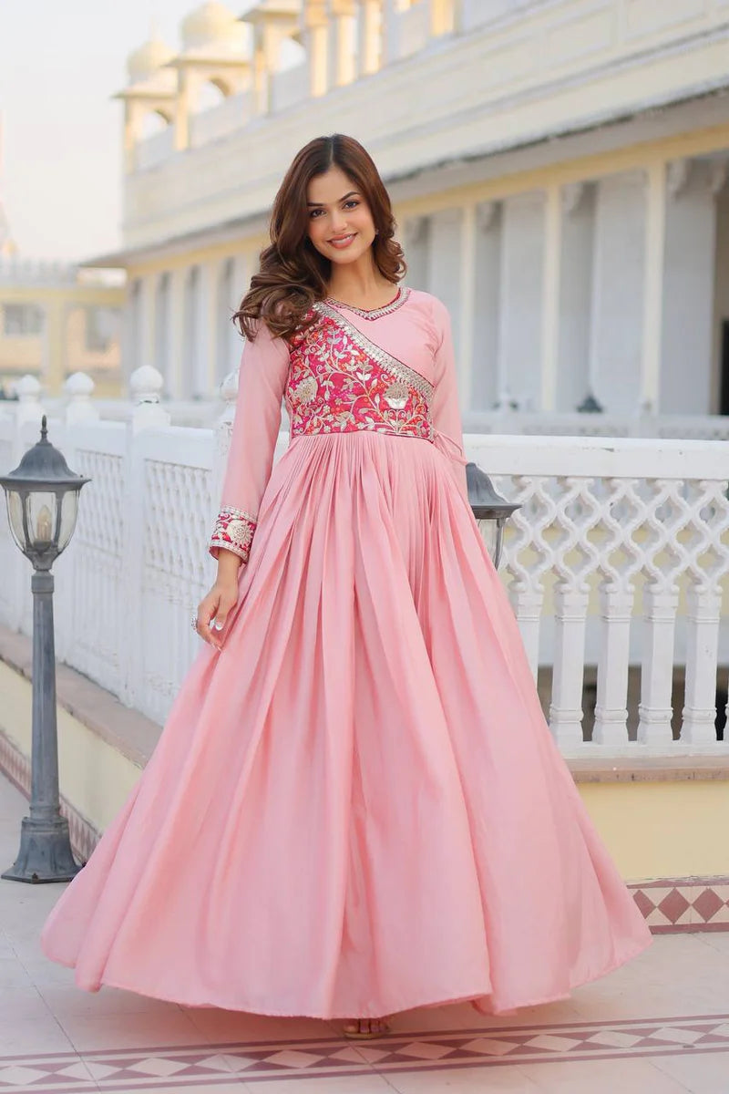 Pink Anarkali Salwar Kameez with Yoke Design and Mirror Embroidery
