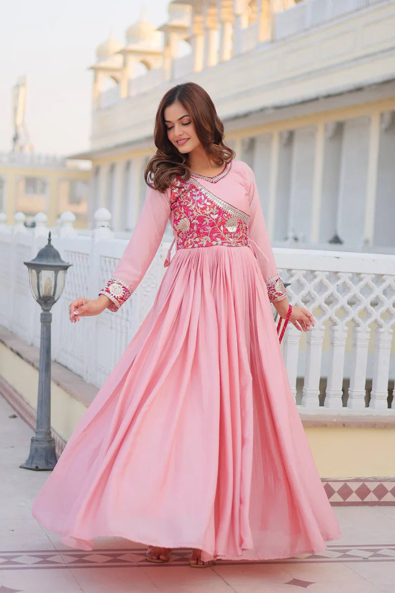 Pink Anarkali Salwar Kameez with Yoke Design and Mirror Embroidery
