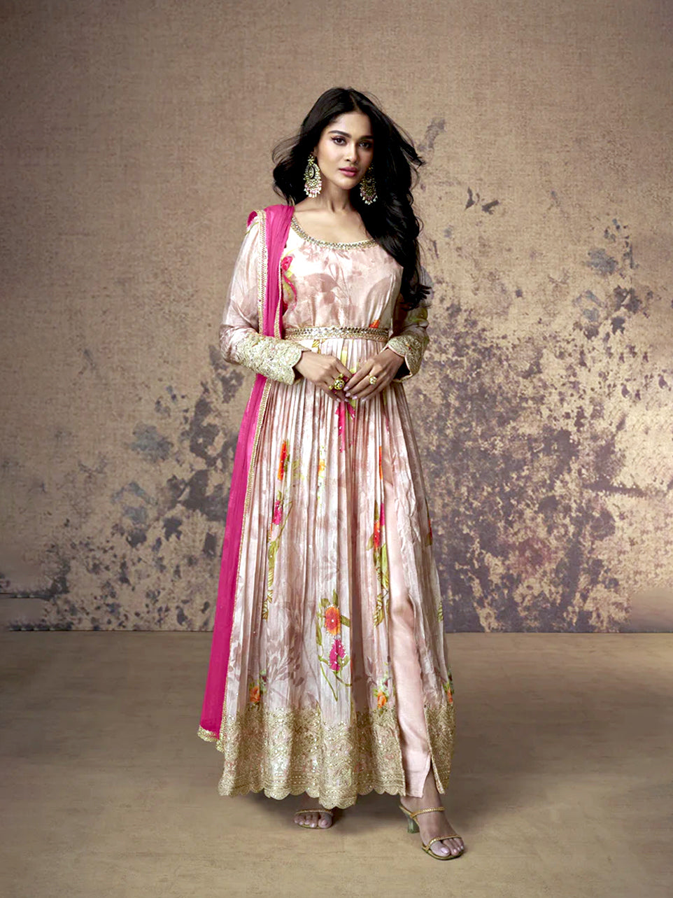 Pink Georgette Anarkali with Floral Print and Gota Patti Work
