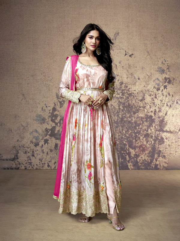 Pink Georgette Anarkali with Floral Print and Gota Patti Work
