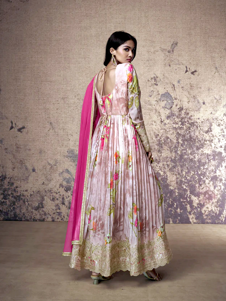 Pink Georgette Anarkali with Floral Print and Gota Patti Work
