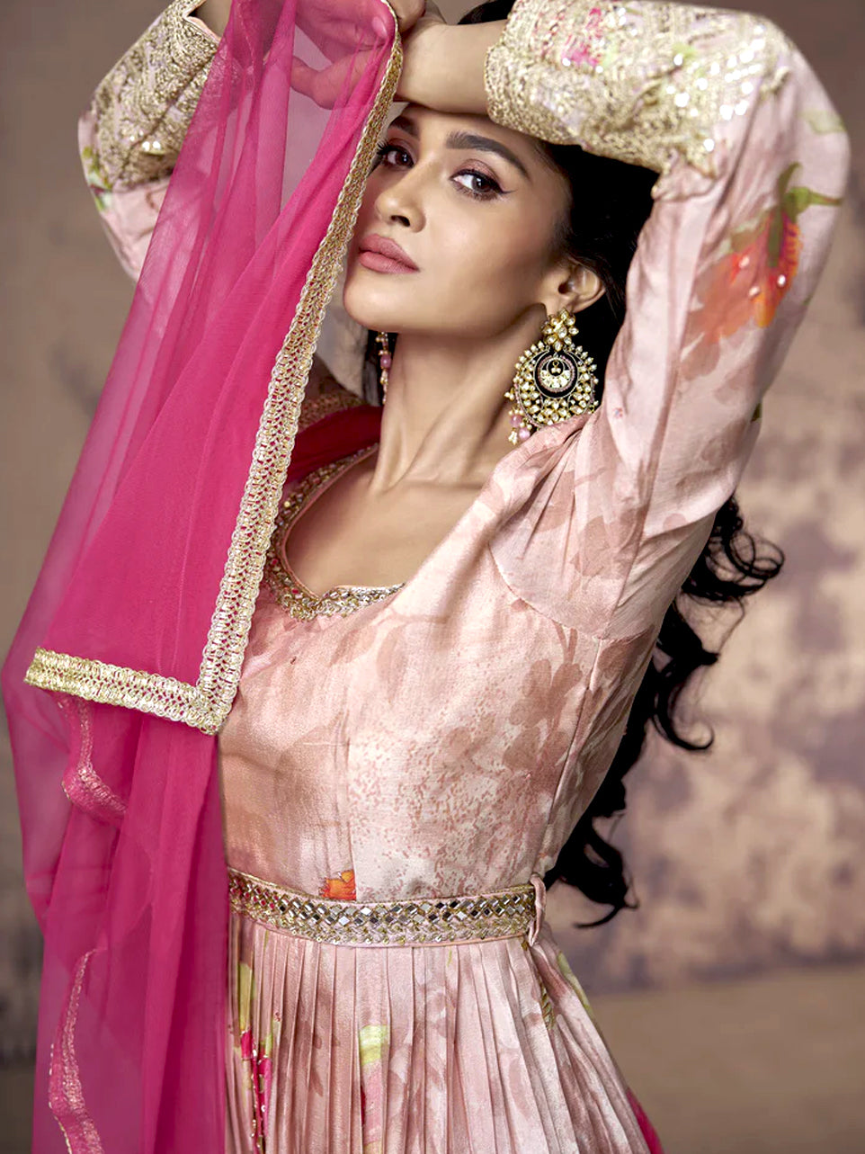 Pink Georgette Anarkali with Floral Print and Gota Patti Work
