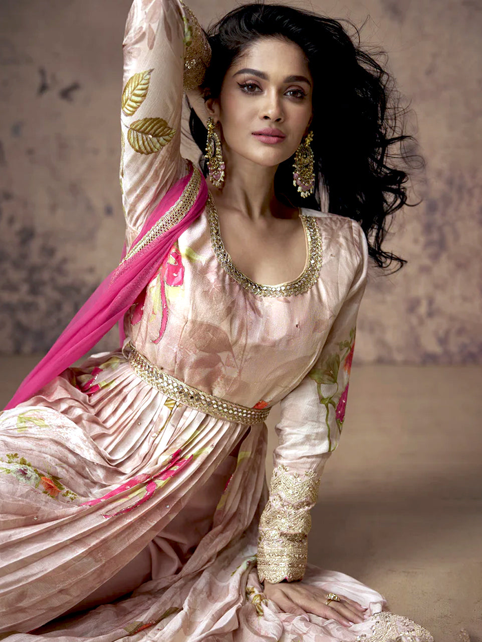 Pink Georgette Anarkali with Floral Print and Gota Patti Work
