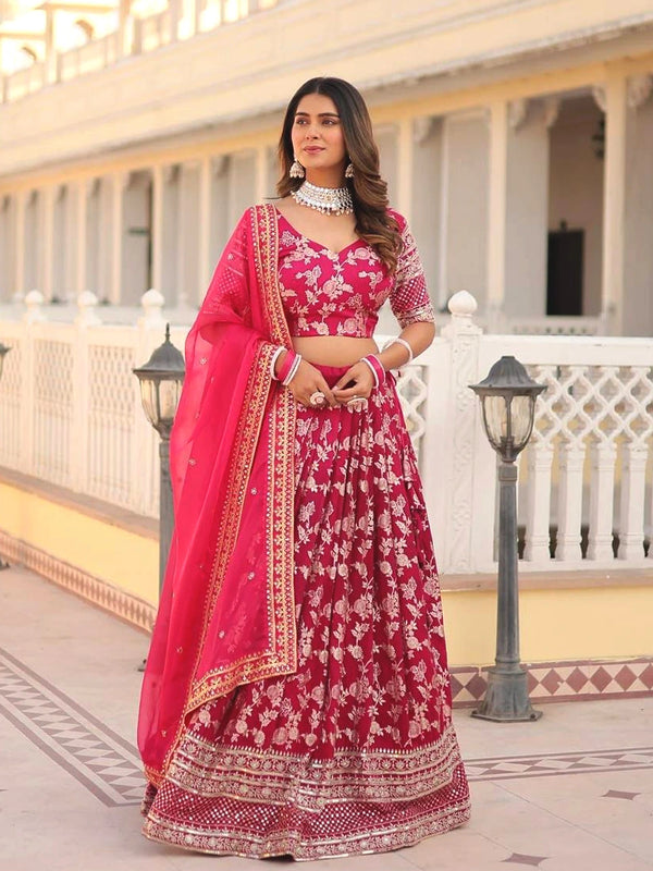 Pink Georgette Lehenga with All-over floral Jacquard Embroidery and Mirror Work
