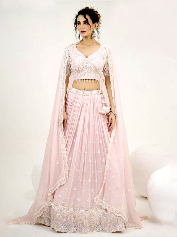 Pink Georgette Lehenga with Floral Motifs & Sequin, Mirror Hand Embroidery
