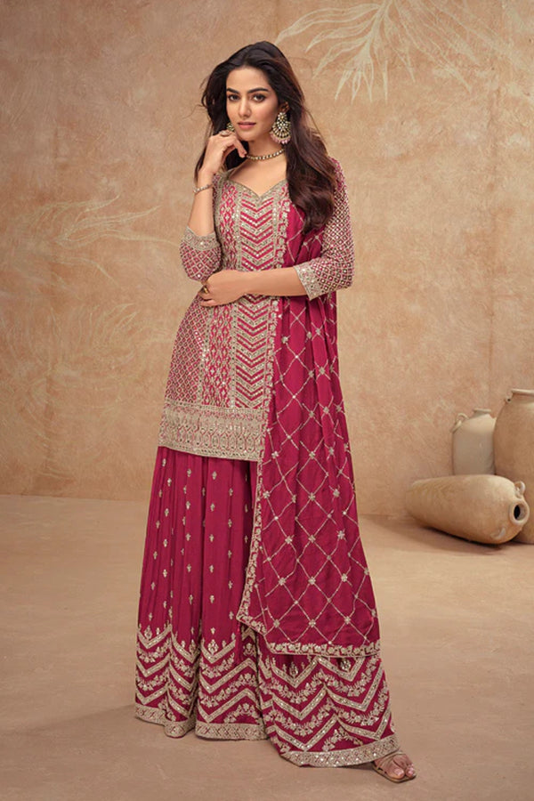 Pink Georgette Salwar Kameez featuring Chevron Pattern with Sequin and Motif Design
