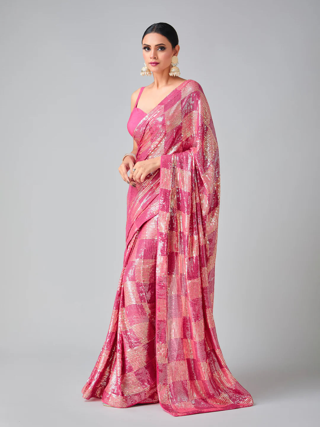 Pink Georgette Saree with All Over Heavy Sequin Embroidery