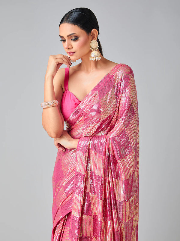 Pink Georgette Saree with All Over Heavy Sequin Embroidery