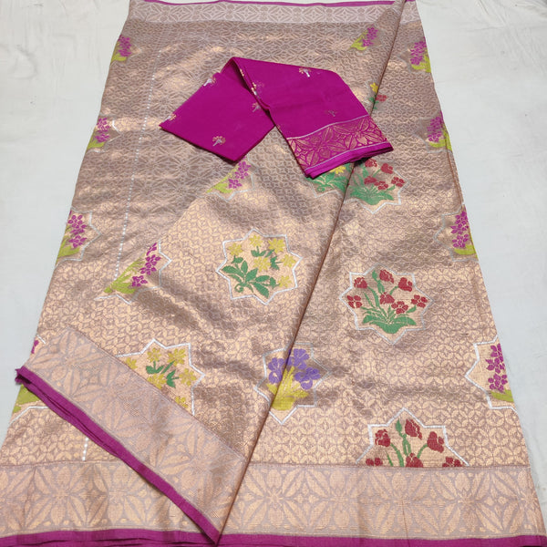 Pink Handloom Jamewaar Banarasi Silk Saree with Intricate Floral Motif Brocade Work
