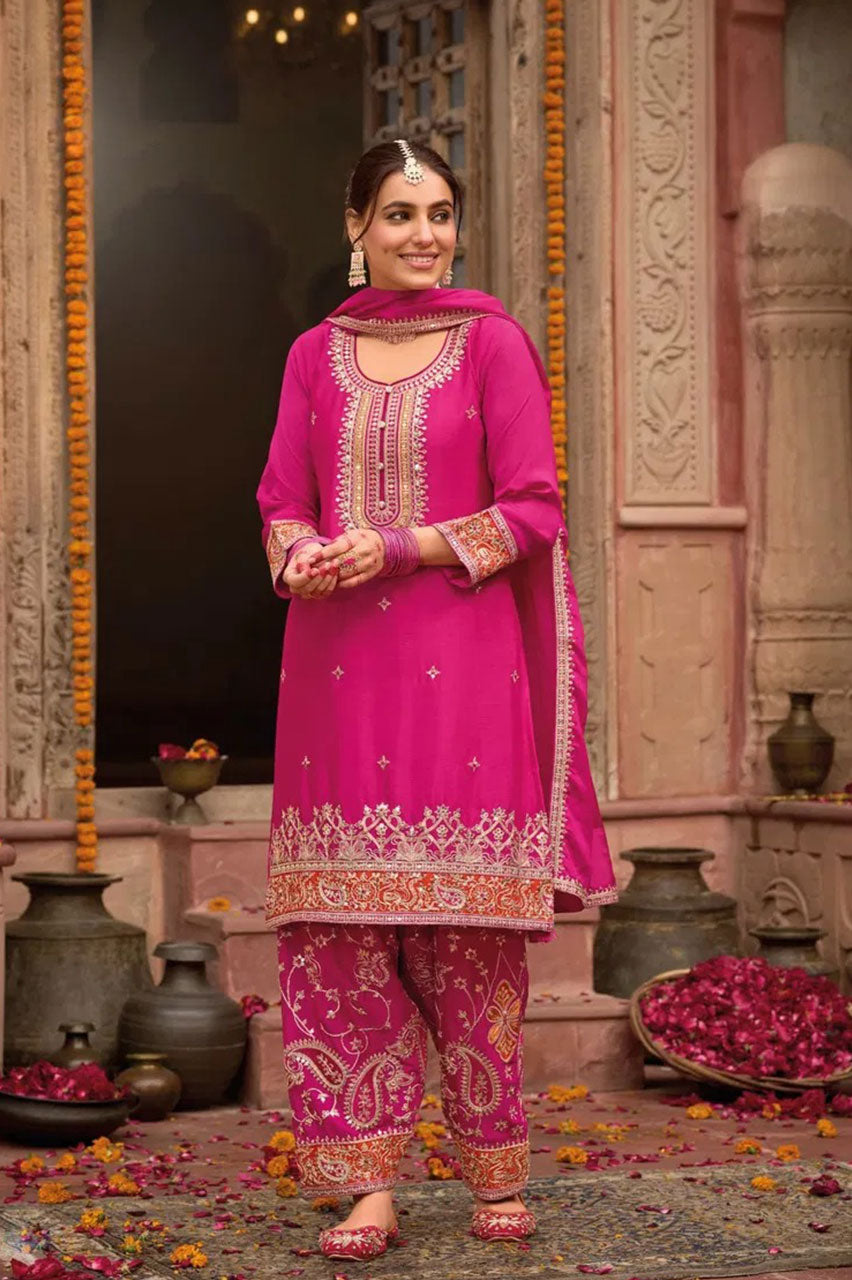 Pink Salwar Kameez Traditional Embroidered with Intricate Thread and Sequin Work
